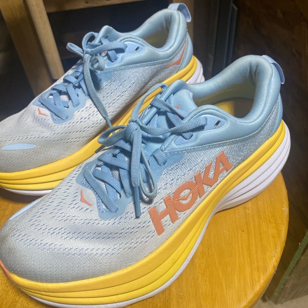 Hoka Athletic Shoes in Light Blue and Yellow